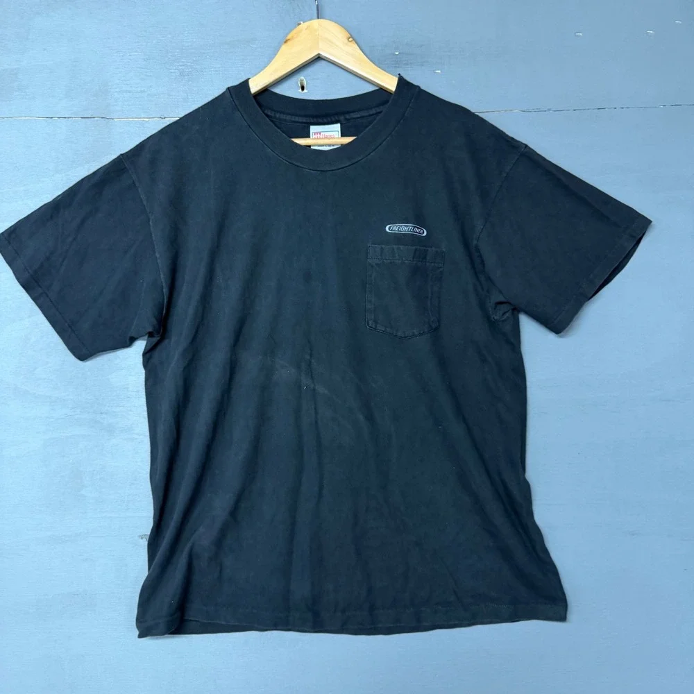 Vintage Hanes Beefy-T Freightliner Truck Graphic Pocket T-Shirt Black Mens L - Picture 2 of 4